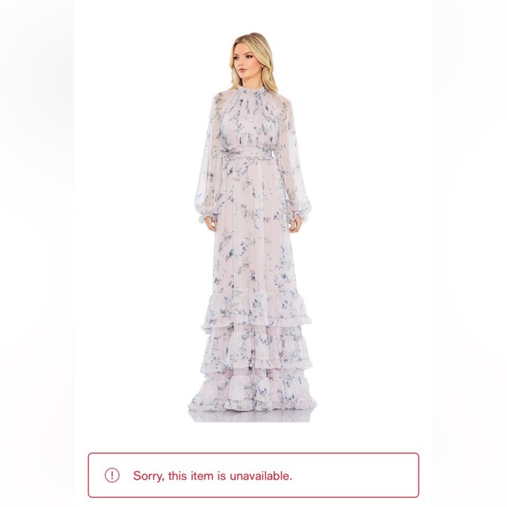 Mac Duggal
Women's Floral Print Ruched
Raglan Sleeve Tiered Gown Size 12